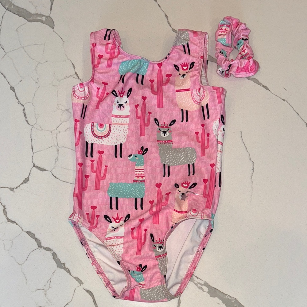 Destira Pink Llama Print Kids leotard gymnastics matching hair tie